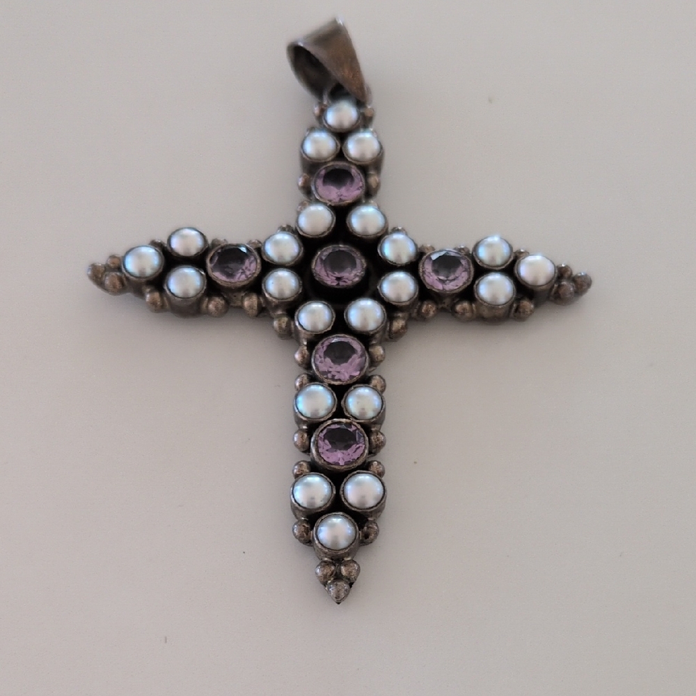 Elegant Pearl and Purple Stone Cross Pendant